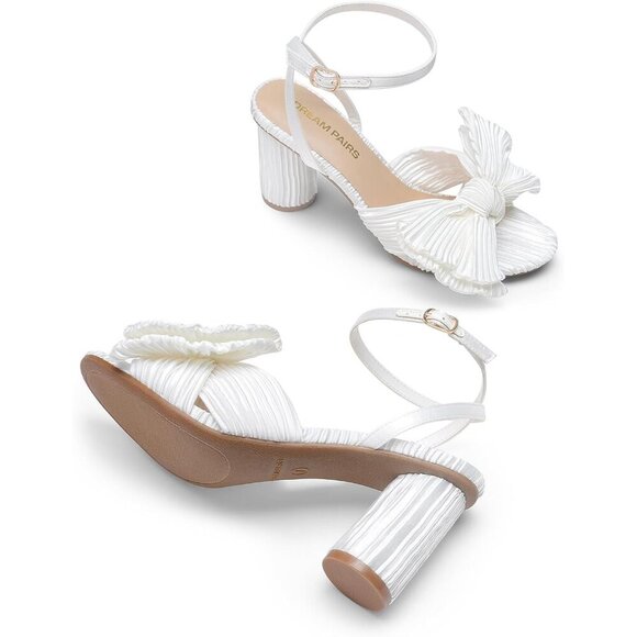 🆕Women's White Bow Knot Chunky Block Heel Open Toe Ankle Strap Slingback Sandal - Picture 3 of 7